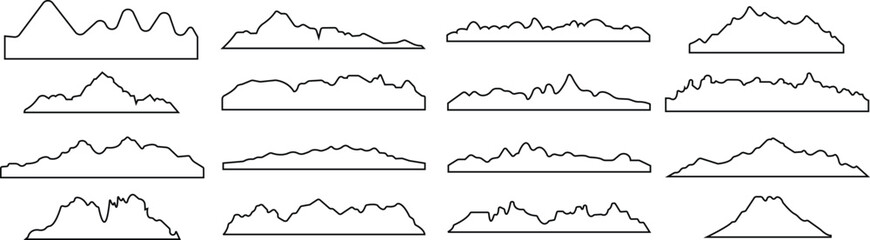 Mountain icons set, hill and rock black silhouettes, vector rocky valley landscape shapes. Mount peak or canyon range and alpine valley hills for hiking, camping or climbing sport and travel