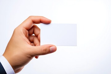 Obraz premium person's hand holding blank business card isolated on white background