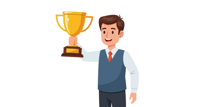 Cartoon man holding golden trophy with brown base and handles aloft