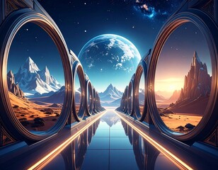 Hall of mirrors revealing parallel worlds — a seamless portal view into snowy, desert, and cybernetic alternate dimensions.