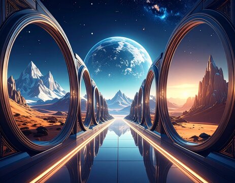 Hall of mirrors revealing parallel worlds &mdash; a seamless portal view into snowy, desert, and cybernetic alternate dimensions.