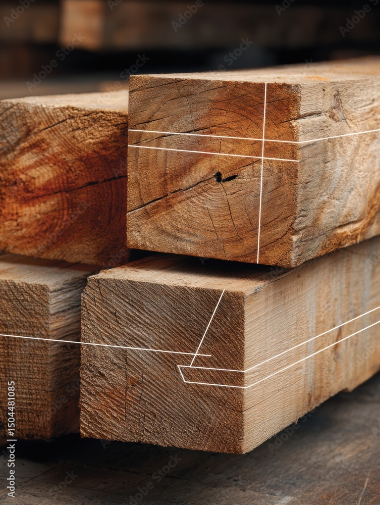 Poster wooden beams close-up showcasing measurement lines on craftsmanship in a workshop environment during