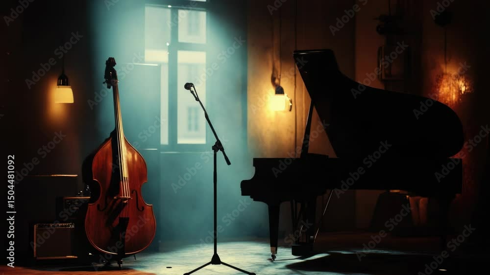 Poster a piano and cello duo preparing for a performance with their instruments placed in front of a microp