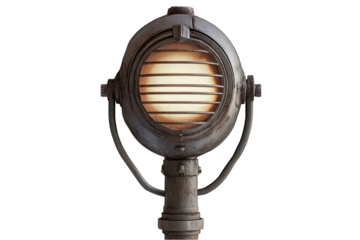 Weathered metallic spotlight with a glowing, caged bulb; industrial design
