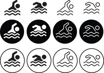 Swimmer male athlete silhouette swimming in water waves icon set vector flat and line illustration. Swim for leisure during summer holiday symbol.