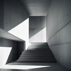 Fototapeta premium Gray concrete hallway with stairs. Sunlight streams in