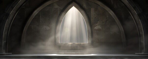 Fototapeta premium A large, dark, arched doorway with a bright light emanating from behind it. The light shines through the doorway, creating a sense of hope and possibility.