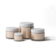 transparent background featuring several cream bottles/jars arranged on a plain. The bottles/jars have clean, simple designs, reflecting 