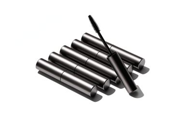 several mascara tubes on background isolated. The mascara tubes have clean, simple, and sleek designs, black color