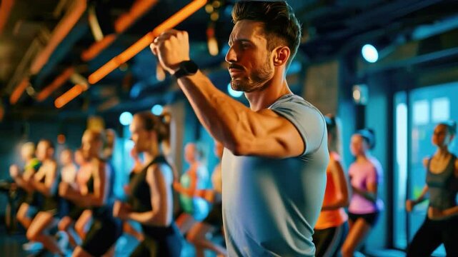Dynamic Fitness Class in Action with Motivated Participants and an Engaged Instructor in Modern Gym Environment  4k video footage