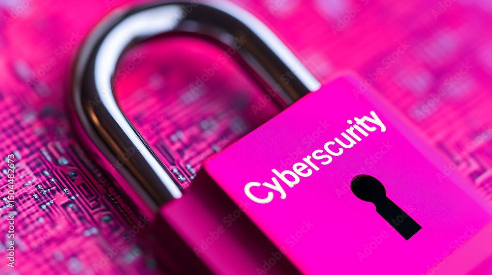 Poster secured network: a pink padlock rests on a circuit board, symbolizing protection. data security and 
