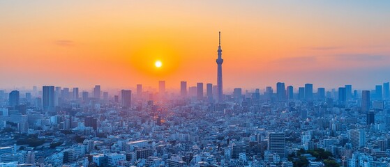 Fototapeta premium City skyline at sunset, sun setting over tall buildings and a tower. Hazy atmosphere