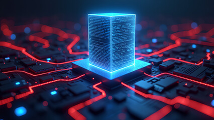Eine dramatische 3D-Szene eines leuchtenden digitalen Schildes aus Binärcode, der einen schwebenden Serverturm vor roten Hackerlinien schützt.KI Generated