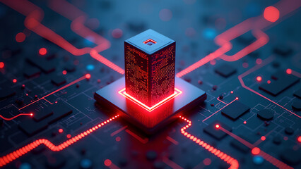 Eine dramatische 3D-Szene eines leuchtenden digitalen Schildes aus Binärcode, der einen schwebenden Serverturm vor roten Hackerlinien schützt.KI Generated