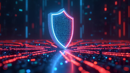 Eine dramatische 3D-Szene eines leuchtenden digitalen Schildes aus Binärcode, der einen schwebenden Serverturm vor roten Hackerlinien schützt.KI Generated