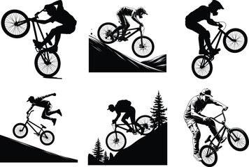 Obraz premium BMX Bicycle Set of Silhouette Bundle of Bicycle Vector Art for Sports and White Background. Vector Illustration.