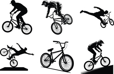 BMX Bicycle Set of Silhouette Bundle of Bicycle Vector Art for Sports and White Background. Vector Illustration.