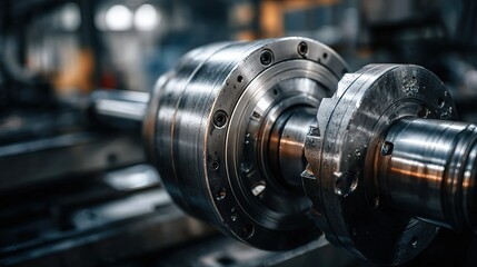 Fototapeta premium Polished metal machinery components in abstract close-up, showcasing precision engineering and industrial elegance.