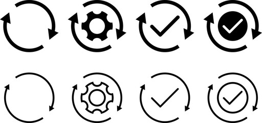 Update icon set. Moving gears with circular arrows. progress bar and install icon. Loading process. Industrial cycle concept. Rotating gear wheel 

