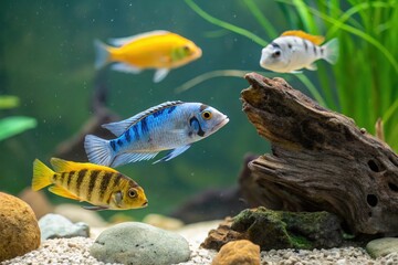 A close-up photo of African cichlid fish swimming in an aquarium with driftwood and rocks in the foreground and a blurred green background.