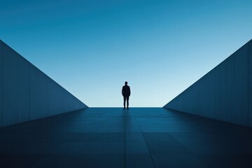 Silhouette of a person standing in a minimalist architectural space with blue sky