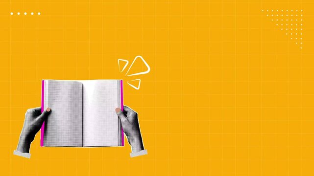 Trendy Halftone Collage Study and education concept. Hand with holding book.