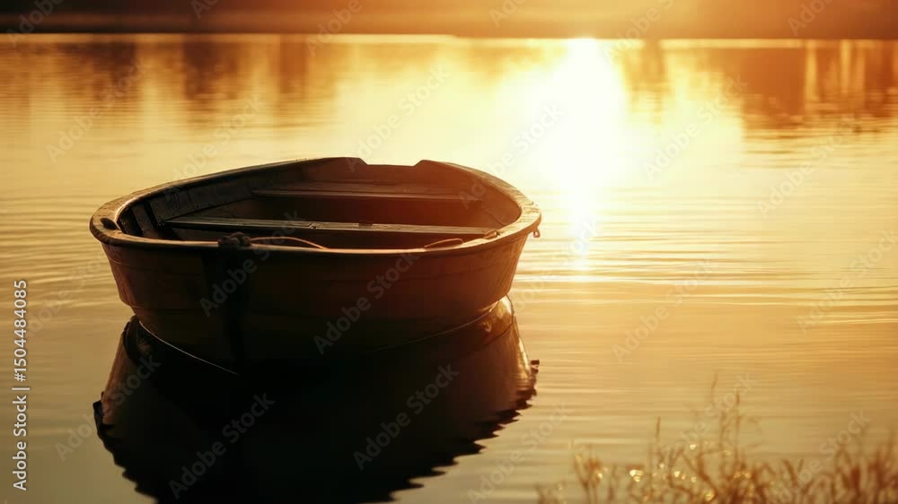 Poster a small boat floats on the surface of a calm lake, surrounded by trees and water lilies