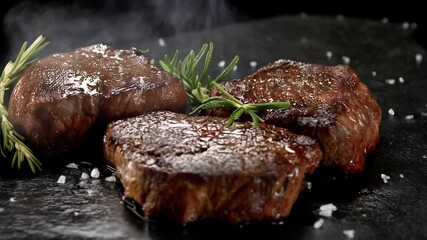 Grilled beef medallions arranged on dark surface with rosemary garnish and seasoning for steakhouse dinner preparation.