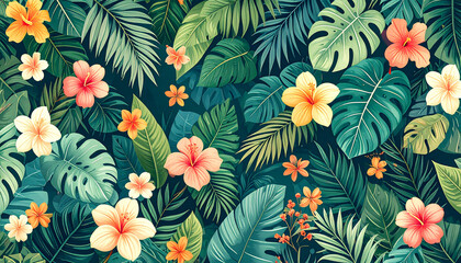 Lush botanical illustration of tropical leaves and flowers
