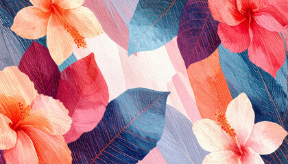 Lush botanical illustration of tropical leaves and flowers