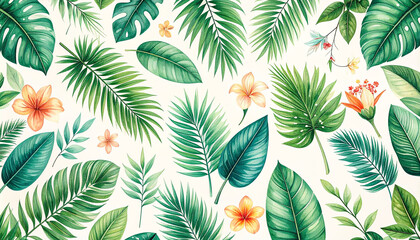 Lush botanical illustration of tropical leaves and flowers