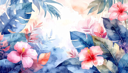 Lush botanical illustration of tropical leaves and flowers