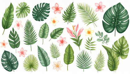 Lush botanical illustration of tropical leaves and flowers