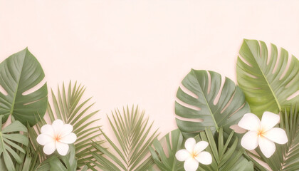 Lush botanical illustration of tropical leaves and flowers