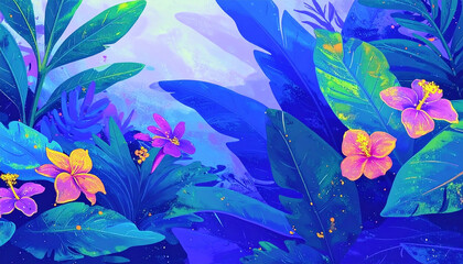 Lush botanical illustration of tropical leaves and flowers