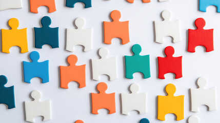 Colorful puzzle pieces shaped like people arranged on a white surface. Represents diversity, teamwork, and community connection through playful shapes.