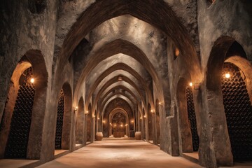Quiet Champagne Cellar with Stone Arches and Dusty Inverted Bottles
