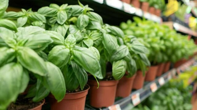 Fresh Green Basil Plants Growing in Small Pots on a Shelf at a Local Garden Center  4k video footage