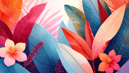 Lush botanical illustration of tropical leaves and flowers