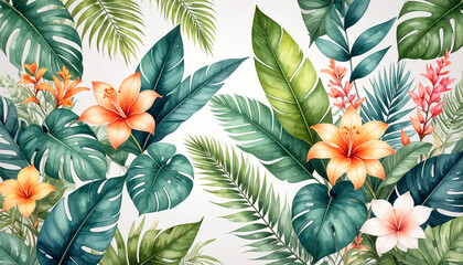 Lush botanical illustration of tropical leaves and flowers