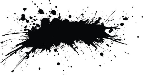 Black ink Splatter, black paint, ink brush strokes, brushes, lines, grungy. Black inked splatter dirt stain splattered spray splash with drops blots. White background. 