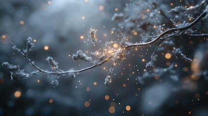 Enchanted winter branch with sparkling bokeh glow