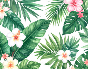 Lush botanical illustration of tropical leaves and flowers