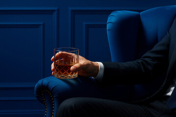 A person in elegant attire sits in a velvety blue armchair, holding a glass of amber liquid. The rich, dark blue wall panel in the background enhances the luxurious and sophisticated atmosphere. This 