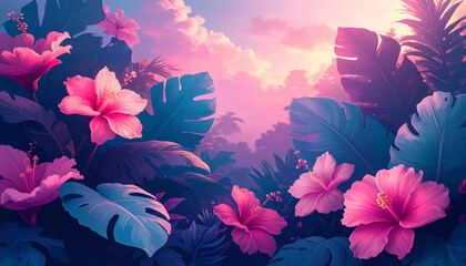 Lush botanical illustration of tropical leaves and flowers