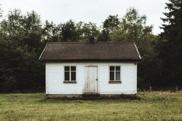 Fototapeta premium A quaint, small white cottage sits solitary amidst an expansive green field, embraced by towering trees under a blanket of overcast skies