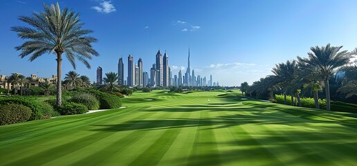 A beautiful golf course with green grass and palm trees. In the background, the Dubai skyline is visible. This is a great location for a relaxing game of golf or for taking in the views of the city.