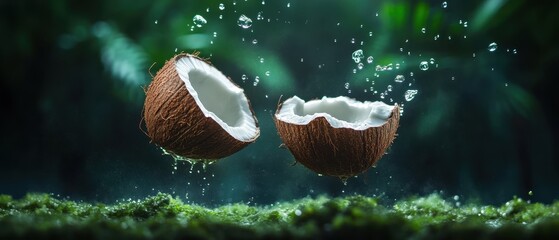 Refreshing summer vibes with halved coconuts in tropical setting