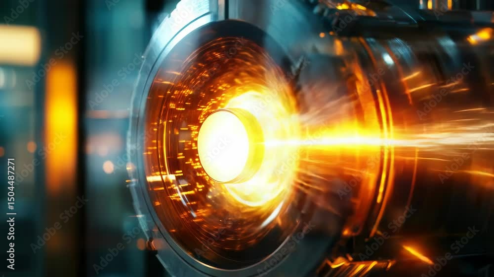 Poster a close-up shot of a metal object emitting a bright light, ideal for use in technology or innovation
