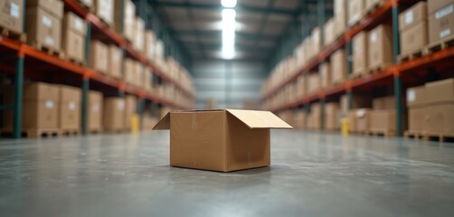 Cardboard box open warehouse floor. Warehouse clearance sale, liquidation event concept. Retail store sale, online shopping, discounts. Delivery, shipping, storage concept.